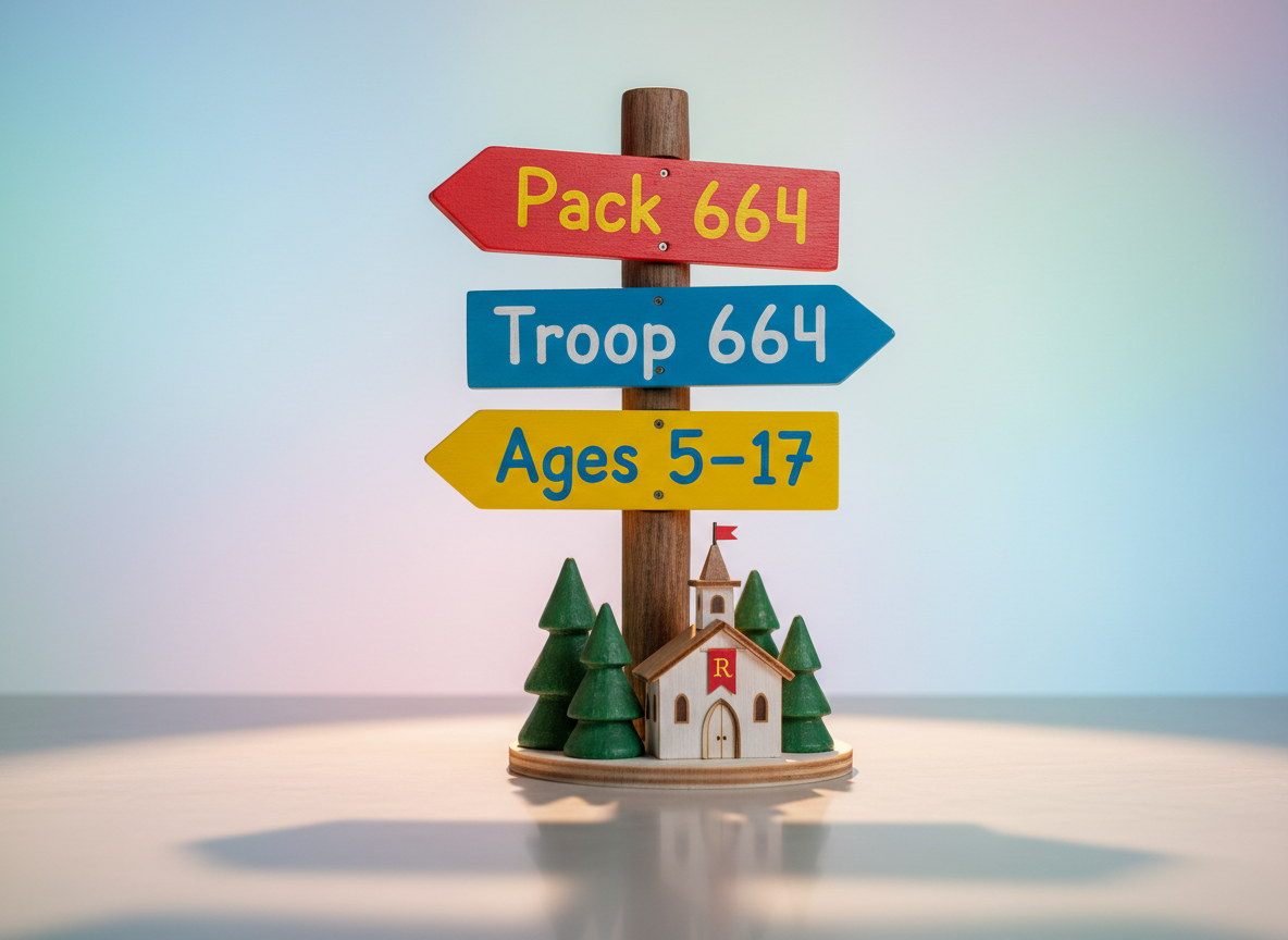 A close-up, low-angle photograph of a whimsical wooden signpost model standing on a smooth, light-colored surface. The sign has three rounded arrow planks painted in bright primary colors, labeled "Pack 664," "Troop 664," and "Ages 5–17" in friendly, bold lettering. Around the base, tiny sculpted trees and a miniature church building with a subtle “R” on a banner hint at Rutgers Presbyterian. Soft studio lighting from two sides creates gentle highlights that curve along the sign’s edges and cast playful shadows of the arrows onto the surface. The mood is inviting and energetic, with a clean background in soft-focus pastels that reinforces the troop’s playful, inclusive personality in a photographic, high-clarity style.