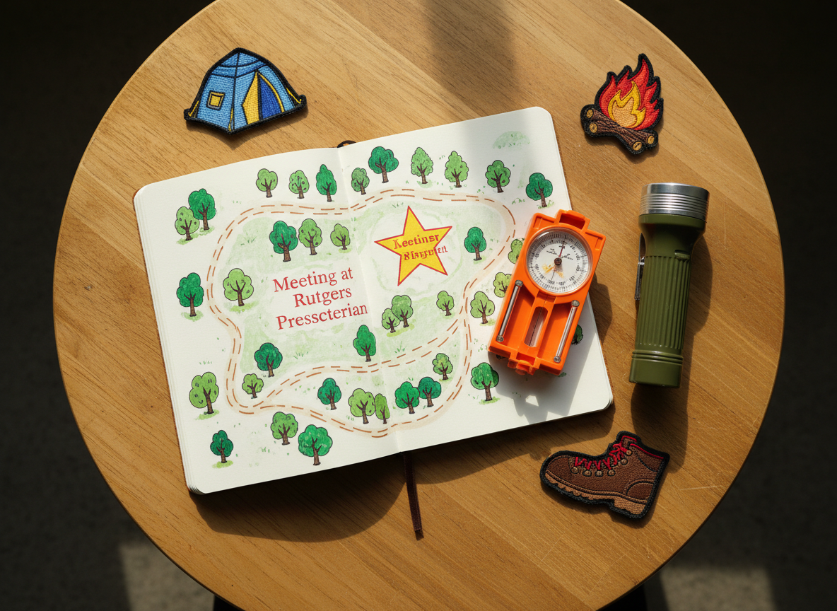 An overhead, bird’s-eye view of a playful scouting planning table, featuring an open, rounded-edge notebook with a hand-drawn map of a park, complete with cartoonish trees, winding trails, and a bold star marking “Meeting at Rutgers Presbyterian.” Beside it sit a bright orange compass, a chunky green flashlight, and colorful merit badge-style patches shaped like tents, campfires, and hiking boots. Diffused daylight from above creates even, soft illumination, with minimal shadows and vibrant, saturated colors. The composition uses sweeping curves in the map lines to add motion and energy, captured in crisp photographic realism, evoking excitement and organization for weekly troop and pack meetings.