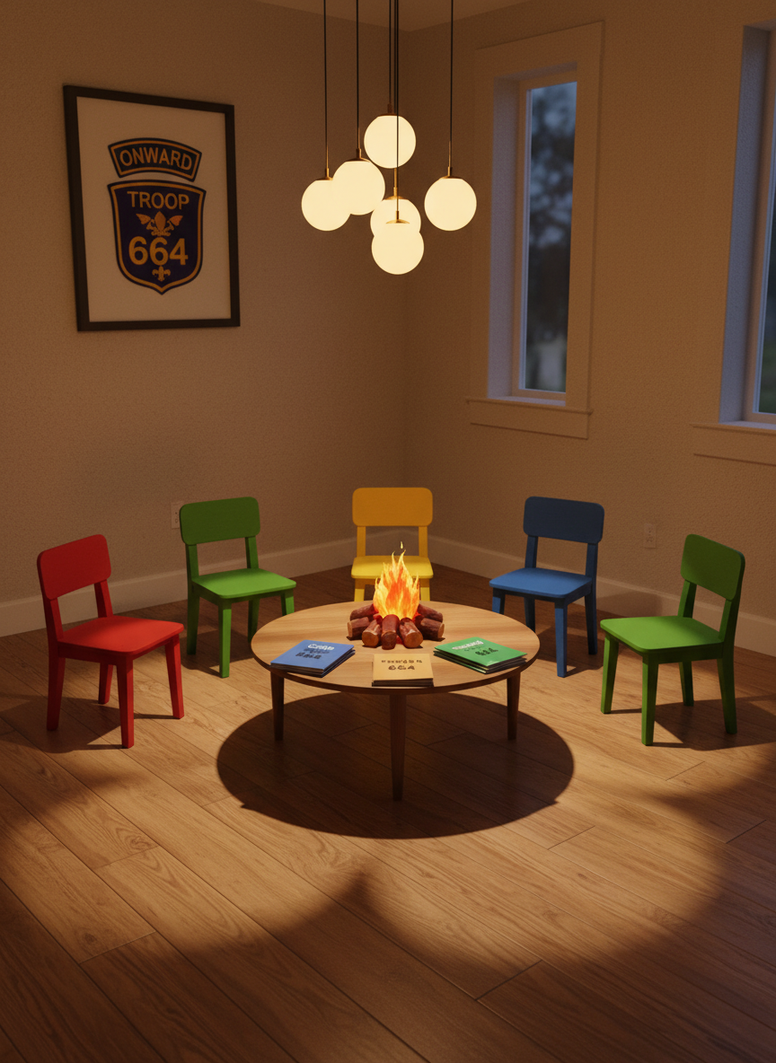 A cozy indoor corner staged as a troop meeting space, featuring an empty semicircle of small, rounded-back camp stools in bright primary colors arranged on a polished wooden floor. At the center sits a low table with a model campfire centerpiece made from felt logs and tissue-paper flames, surrounded by neatly stacked, color-coded handbooks labeled with “Cub Pack,” “Scouts BSA,” and “Troop 664.” Soft, warm pendant lighting from above casts gentle circular pools of light and subtle, curved shadows. Shot at a slightly elevated angle in photographic realism, the scene feels welcoming and energetic while remaining free of people, embodying the playful spirit of Thursday evening gatherings at the church.