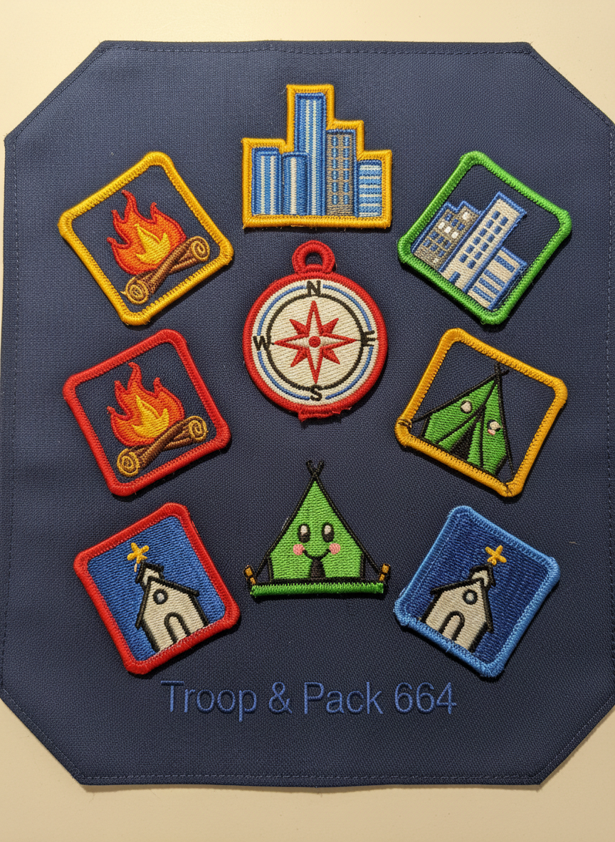 A neatly arranged collection of scouting merit badges and patches laid out on a rounded-corner, navy-blue cloth bearing the subtle text “Troop & Pack 664.” Each embroidered patch features bright, playful icons: a stylized campfire, a simplified city skyline, a cartoon compass, a cheerful tent, and a tiny church silhouette. The stitches are sharply detailed and slightly raised, giving a tactile, real-world texture. Warm overhead lighting creates tiny highlights on the threads and soft shadows between badges, emphasizing their shapes. Photographed from directly above with strong clarity and saturated colors, the composition uses gentle curves in badge arrangement to create a dynamic, energetic layout, perfectly suited to showcasing the variety of experiences offered by the troop.