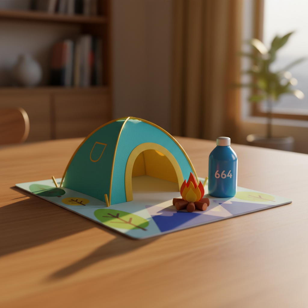 A friendly, rounded model campsite displayed on a smooth tabletop: a small dome tent in bright teal and yellow, a miniature orange campfire made of painted wood, and a curved, glossy blue water bottle marked with “664.” Surrounding them are colorful, simplified icons of trees and mountains printed on a mat, their shapes soft and bubble-like. Golden evening light from the side wraps the scene, adding warm highlights to the tent’s fabric and casting soft, curved shadows. Photographed at eye level with a shallow depth of field, the background softly blurs into warm wood and suggestion of indoor space, creating a whimsical, energetic, photographic image perfect for illustrating the troop’s camping adventures without showing people.